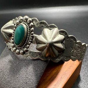 Vintage Nickel Silver Turquoise Native American Cuff Stamped Applied Stars